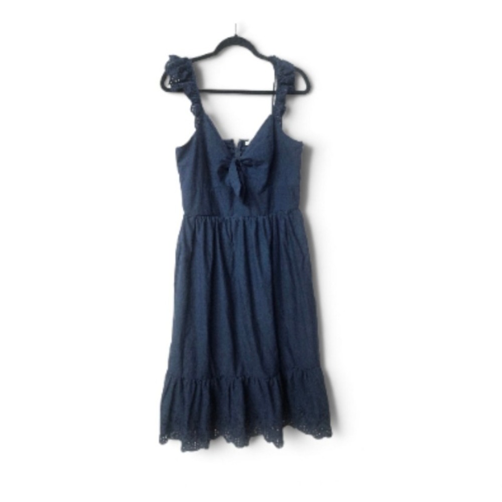 Francescas Navy Blue Eyelet Midi Dress XL Ruffle Strap Tie Front Cottagecore